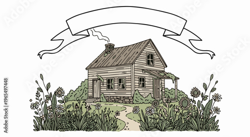 Rustic cabin nestled in a wildflower meadow with a banner above