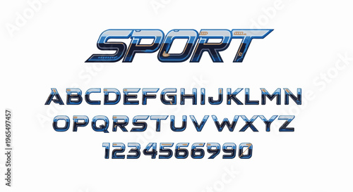 Dynamic futuristic font with metallic sheen, complete alphabet and numbers