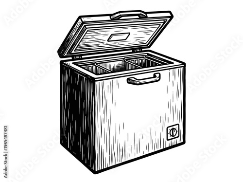 Vintage Chest Freezer Engraving Illustration Black and White Line Art