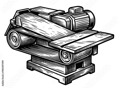 Vintage Belt Sander Engraving Illustration Black and White Line Art