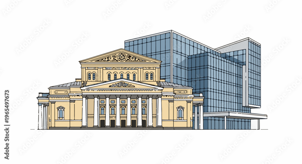 Fototapeta premium An old theater facade with modern glass addition on a white background