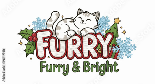 Festive cat nuzzles a snowy holiday greeting with gift and tree