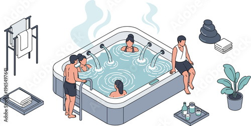 Relaxing Hot Tub Spa Therapy with Soothing Water Jets, Towels, and Wellness Elements for Stress Relief and Rejuvenation