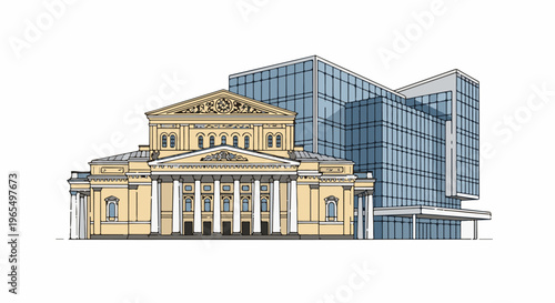 An old theater facade with modern glass addition on a white background