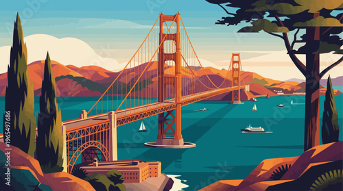 A stylized illustration of the iconic Golden Gate Bridge spanning a vibrant blue bay, surrounded by rolling hills and green trees under a clear sky.