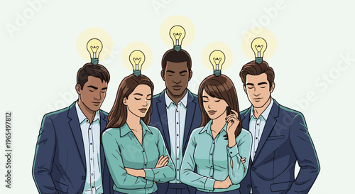 Diverse group of professionals contemplating ideas with lightbulbs above heads