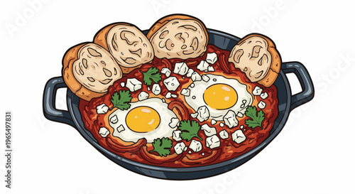 Hearty eggs and bread in a simmering red sauce, topped with feta