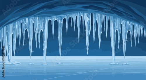 Icicle-laden cave entrance with a frozen floor under a dark blue sky