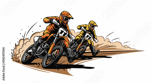 Dynamic illustration of two dirt bike racers speeding through dust