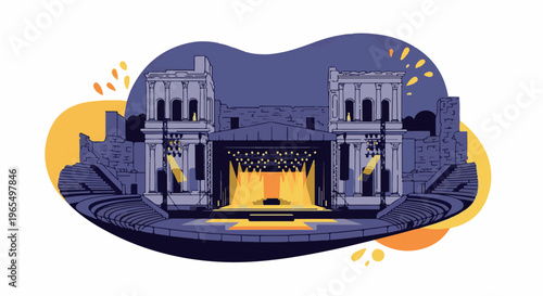 Illuminated stage set within ancient stone ruins under a purple night sky