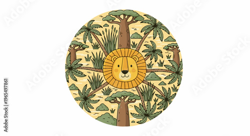 Circular safari scene with a stylized lion and savanna flora