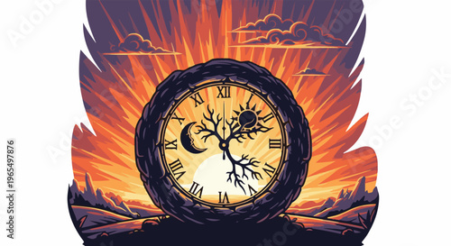 Clock face with celestial symbols and tree against fiery sunset sky