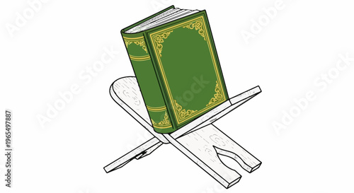 Illustrated green book with ornate gold trim rests on a wooden stand