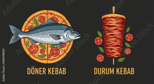 Fish atop pizza beside a meat skewer with tomato and herb garnishes