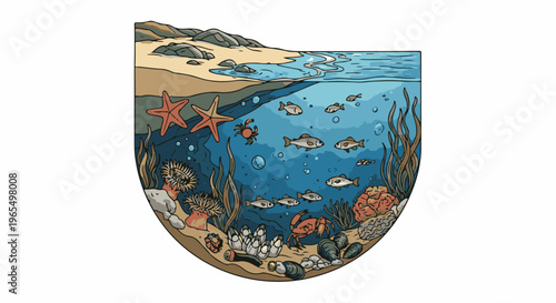 Coastal waters teeming with marine life, showing shore, ocean, and underwater ecosystem