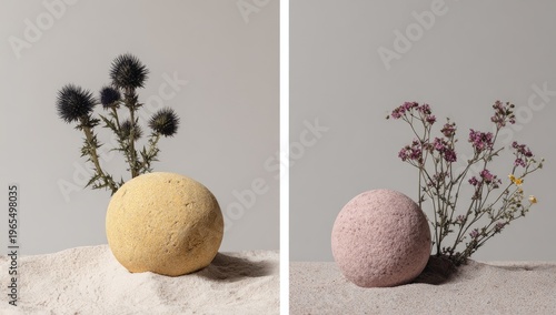 Two-panel composition featuring spherical bath products and natural floral elements on sand
