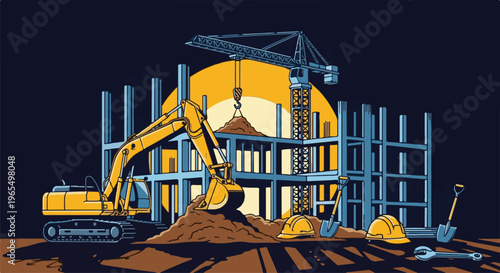 Construction site with excavator, crane, and unfinished building