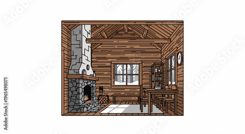 Cozy log cabin interior with stone fireplace, table, chairs, and window showing snowy forest