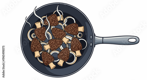 Morel mushrooms and sliced onions sizzling in a frying pan, steaming gently