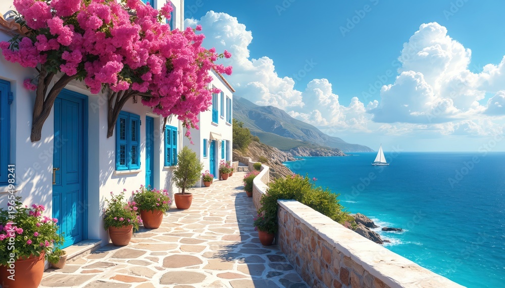 Naklejka premium White mediterannean house with blue doors and shutters borders bright pink flowers. Stone path leads toward blue sea and distant mountains. Sailboat glides on calm bright ocean waters.
