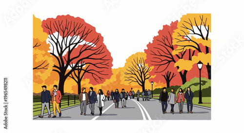 People strolling through a park adorned with vibrant autumn foliage
