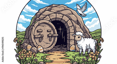 Empty tomb with rolling stone, sheep, dove, and Easter eggs