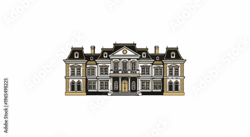 Ornate, multi-story mansion facade with mansard roofs and symmetrical design