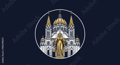 Ornate religious edifice featuring a central golden statue of a female figure before domed towers