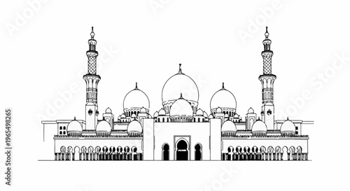 Ornate Islamic mosque with domes and tall minarets, rendered in sketch