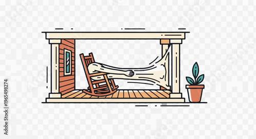 Person reclined on a rocking chair on a porch with a plant