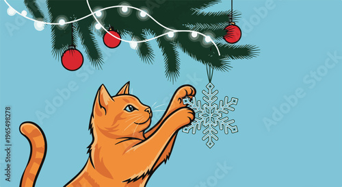 Ginger cat plays with snowflake ornament on a Christmas tree