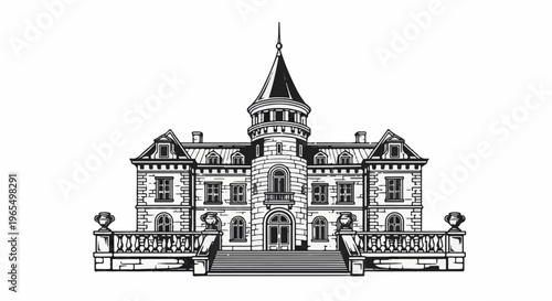 Ornate building with a central tower, arched windows, and ornate railings