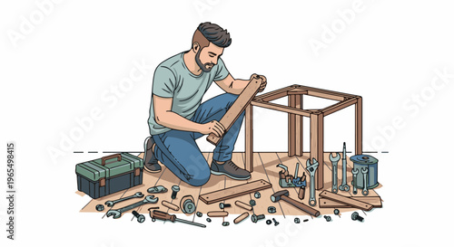 Man assembling wooden structure with tools and parts spread out