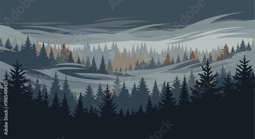 Pixelated forest landscape with dark, moody, and layered evergreen trees