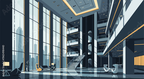 Modern atrium with glass walls, elevators, and seating areas