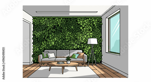 Minimalist living room featuring a green wall and natural light