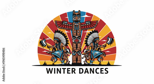 Native American dancers in traditional attire, beside a totem pole