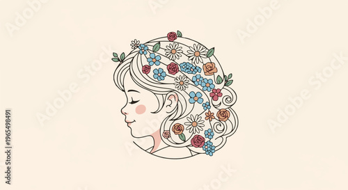 Profile of a girl with her hair intertwined with colorful flowers