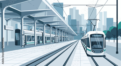 Modern city tram station with trains on tracks under a covered platform