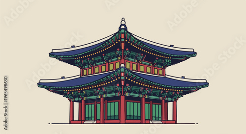 Ornate two-tiered traditional pavilion with colorful, layered roofs
