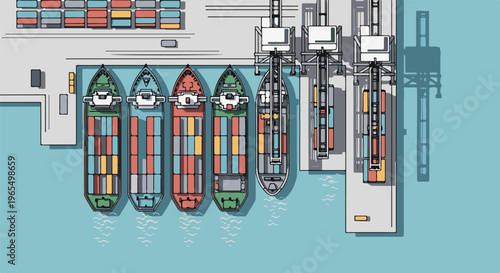 Overhead view of cargo ships docked at a busy industrial port, cranes loading containers
