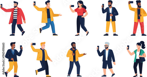 Diverse group of smiling young adults taking selfies with their.