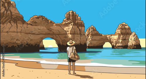 Person in hat gazes at ocean archways on sunny beach with distant sunset