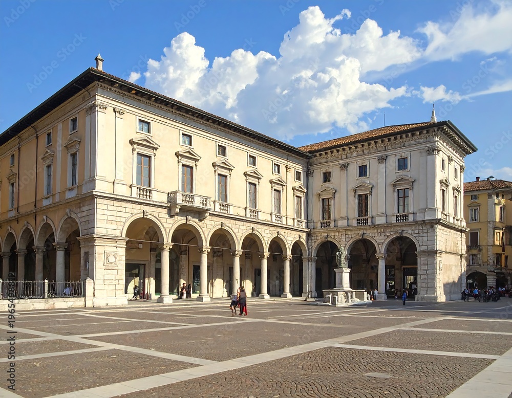 Fototapeta premium A large, beige, multi-story building with arches