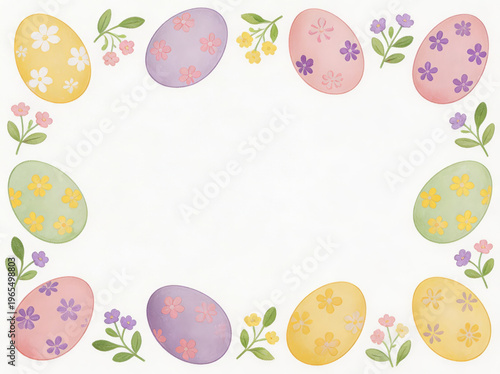 Colorful easter eggs and flowers border with pastel floral designs