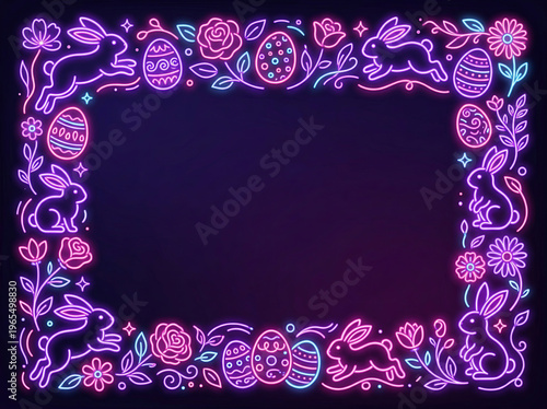 Neon easter frame with colorful eggs, flowers, and rabbits glowing border design