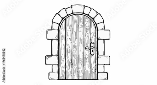 Old wooden arched doorway with stone frame