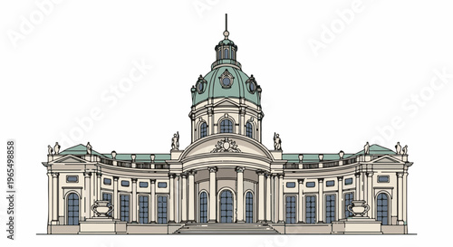 Ornate classical palace with a grand central dome and flanking wings