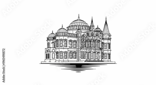 Ornate, detailed black and white sketch of an elaborate building with multiple domes and spires