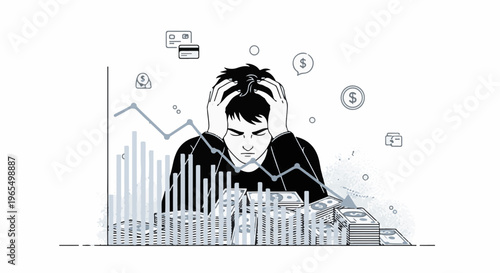 Stressed person with falling graph and piles of money and credit cards